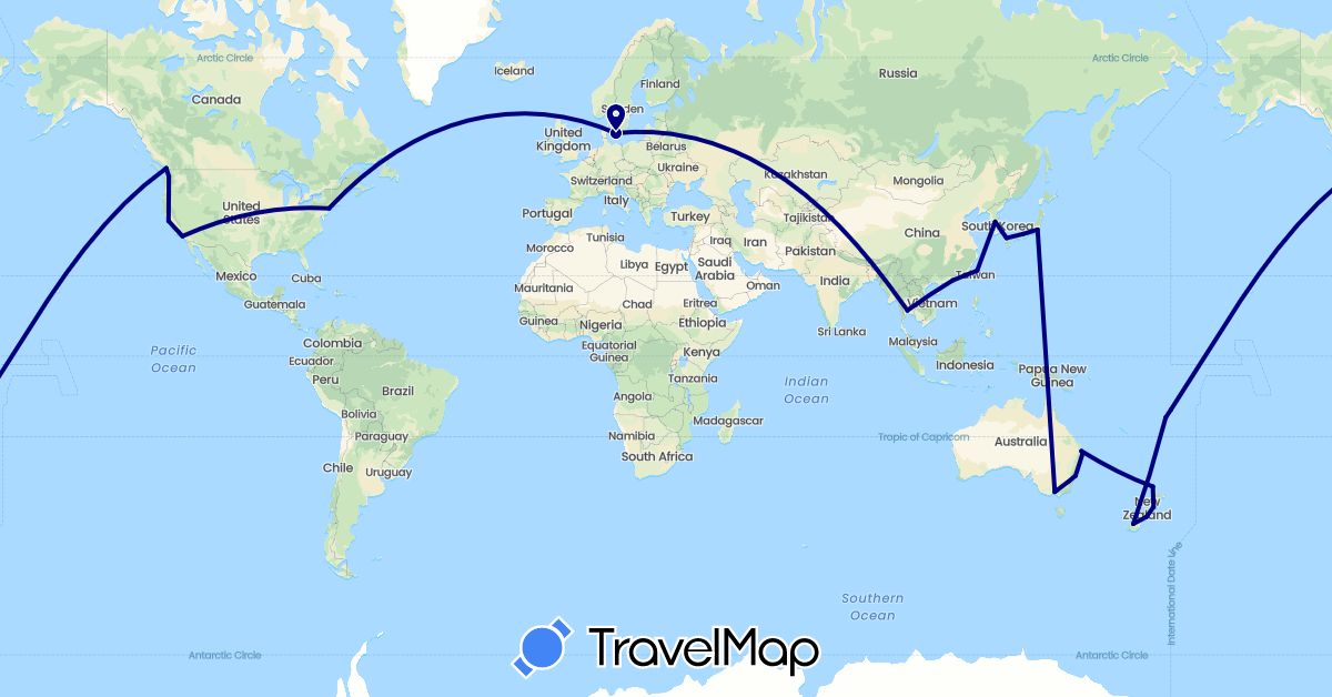 TravelMap itinerary: driving in Australia, Canada, China, Denmark, Fiji, Japan, South Korea, New Zealand, Thailand, Taiwan, United States (Asia, Europe, North America, Oceania)